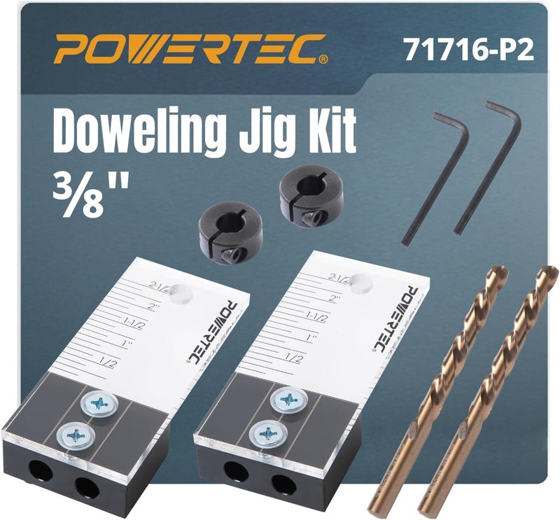 POWERTEC Dowel Jig Kit, Doweling Jig Kit 3/8", Dowel Jigs Woodworking, Laser Cut Witness Mark, with Depth Scale, Drill Guide Dowels, Cobalt M-35 Drill Bit & Split Ring Stop Collar 71716-P2 - Image 1